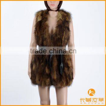 Real raccoon fur long vest knitting back V-shape neckline vest,KZ14048