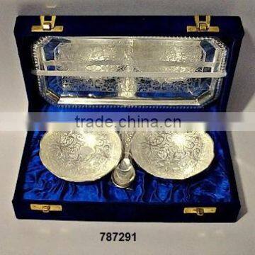 Silver Plated Indian Brass Bowl set With Spoon & Tray Silver Plated in Velvet Box for Corporate Gifts