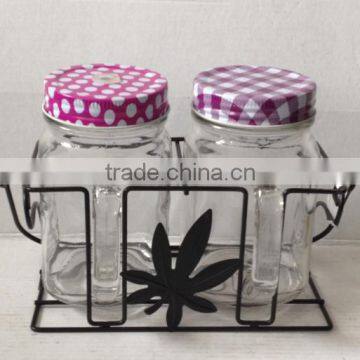 2 pcs glass mason mug cup set with handle and iron stand