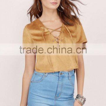 Born Free Tan Faux Suede Lace Up Short Sleeve Crop Top