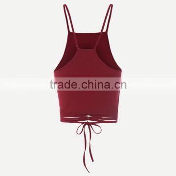 Polyester Lace Up Tank Top Hollow Stretchable Solid Wine Red Size:Free Size Sold By PC photo-2