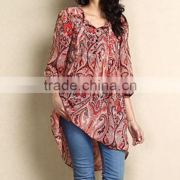 Newest Women Outwear With Red Paisley Chiffon Hi-Low Tunic Women Tops Women Clothing GD90426-57