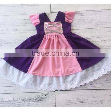 High end cotton flutter sleeve pink purple lace ruffle boutique princess rapunzel inspired dress