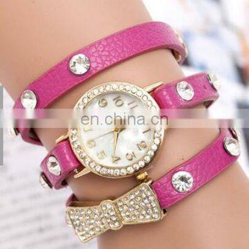 Hot Sell High Quality Rhinestone Bowknot Genuine Cow Leather Retro Watch Vintage Women Dress Watch