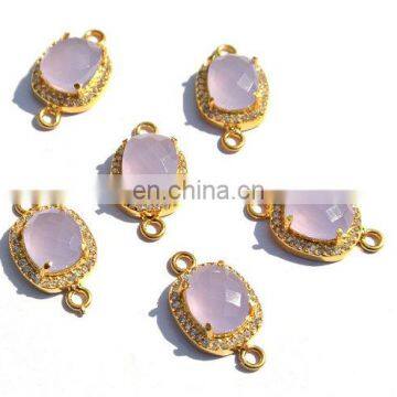 ALE CZ Pave Pink Chalcedony Cushion Shape Connector Size 11x11mm Gold Plated Pink Chalcedony Cushion Double Loop Pendant, Charm