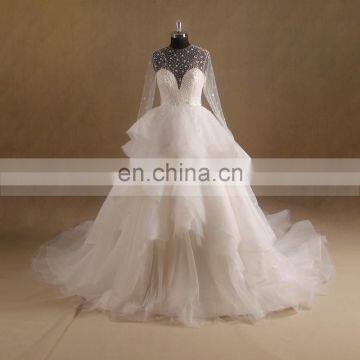 Nectarean Shiny Bodice Ruffle Ball Gown Deep Neckline See Through Back Wedding Dress Long Tail