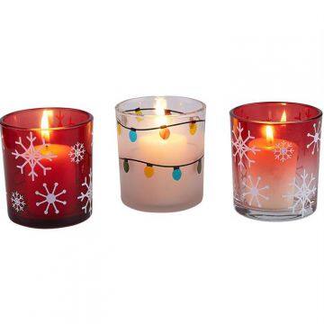 Red Christmas glass votive candle holder with white snow for Christmas decor ornament