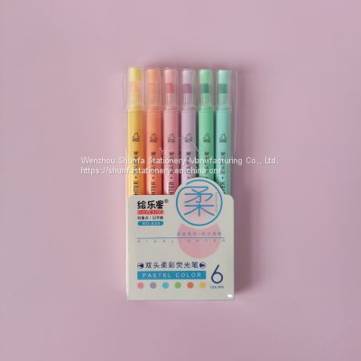 Good Quality Factory 6 color pastel color fluorescent highlighter double tip twin marker watercolor pen for children student art