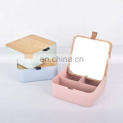 2021New Arrivals Wood Round Makeup Mirror Cosmetic Bamboo Small Travel Mirror With Storage Tray