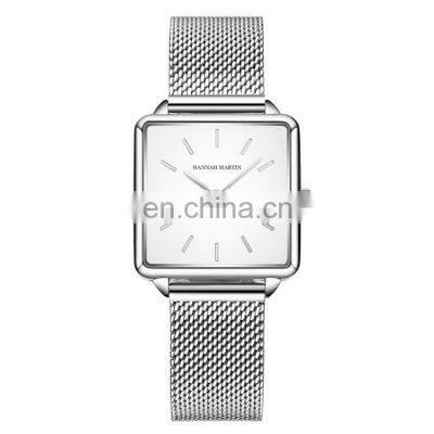 HANNAH MARTIN 108 Square Simple Women Water Resistant Mesh Strap Watches Analog Ladies Stainless Steel Watch