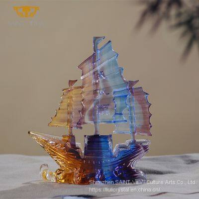 Home Craft Accessory Liuli Crystal Fengshui Decorative Blessing Dragon Boat Craft Good Luck Ornaments Factory photo-2