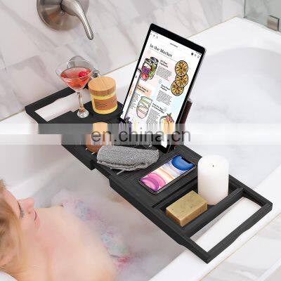 Luxury Bamboo Bath Caddy Bathtub Caddy Tray Book Stand With Extending Sides And Wine Holder photo-3