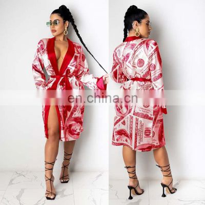 Ready To Ship Dollar Money Print Designer Women's Satin Women Silk Robes