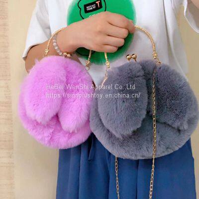 010Plush Rabbit Bag Female Oblique Crossbody Korean Version Lovely Chain Women Handbag Fur Plush Shoulder Bag Rabbit Ear Clip Mouth Bag