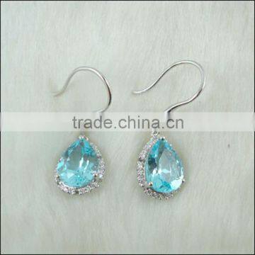 925 Sterling Silver Natural Blue Topaz Earring Hook Genuine Stone Micro pave setting