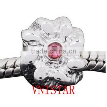 Vnistar Fashion flower shaped european beads with dark pink and crystal stones PBD454, size in 10*10mm