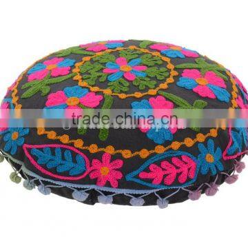 Round Suzani Pillow Cover Decorative Throw Pillow Case Indian Outdoor Cushions Boho Pom Pom Shams