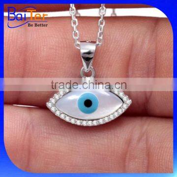 Turkish Rhodium Plated 925 Sterling Sliver Mother of Pearl Greek Evil Eye Necklace With CZ Stone