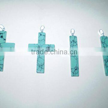 925 solid Sterling silver stabilized blue turquoise cross pendant and charm for cross jewelry making