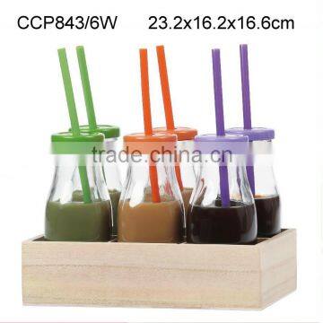 Glass bottle with straw with wooden box(CCP843/6W)