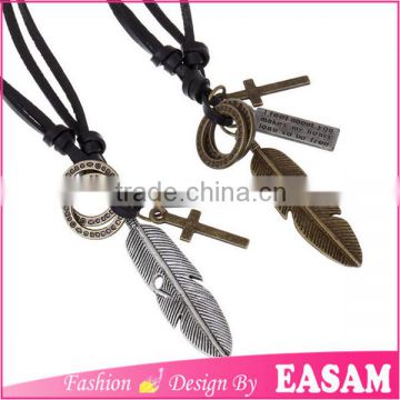 Factory wholesale vintage genuine leather cord necklace with leaf pendant