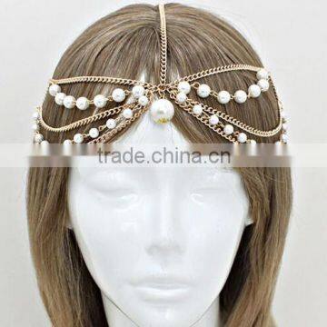 Women Handmade Pearl Gold Wedding Headdress Headband Head Band Crown Chain Headpiece