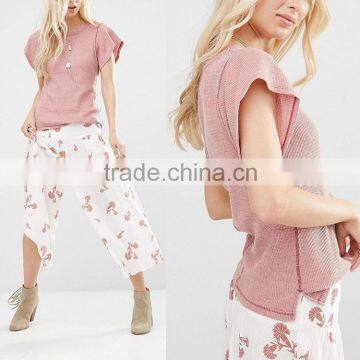 Bulk wholesales new fashion woman crochet spandex rib knit casual t shirts
