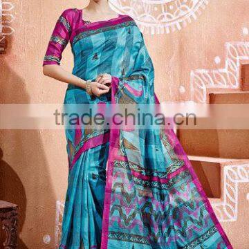 Bhagalpuri Silk Teal Colour Saree With Patch Work