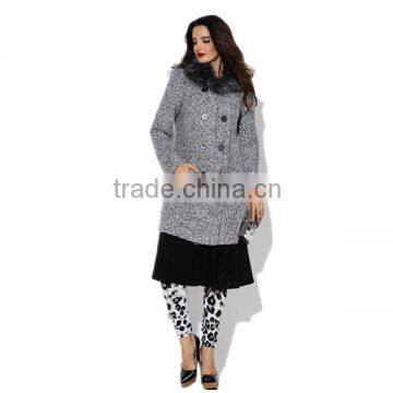 PRETTY STEPS 2015 grey long sleeve Double Breasted Basket Weave women long coat with fur collar