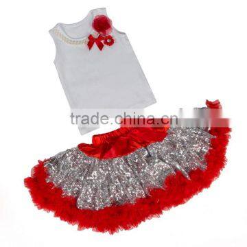 New boutique birhtday Outfit Sparkle Shimmer Tutu Gray Sequin Pettiskirt Set baby ruffled skirt wholesale with cotton top