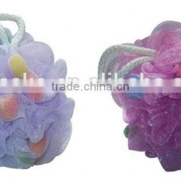 Colorful soft bath mesh ball with small pieces of sponge