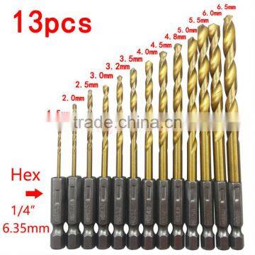 13pcs/set Titanium Coated HSS Twist Drill Bit Set for Metal Power Tools Drill Accessories with 1/4" Hex Shank