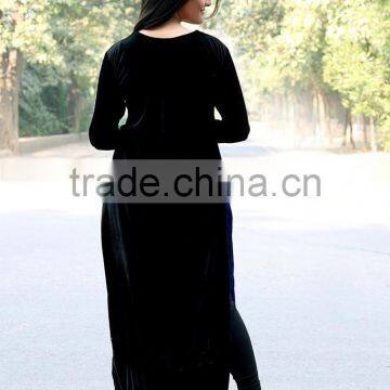 Fashion Brand Designer Long Kurtis With Front Neck Crystal Buttons Navy Blue Velvet Kurti HSD7920 photo-5