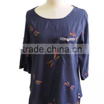 Colorful DragonFly Print Round Collar 3/4 Sleeve With Front Pocket Ladies Top Blouse Tunic Dress