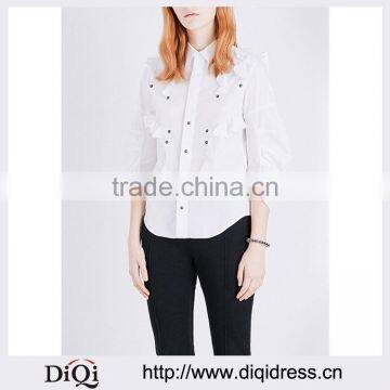 Wholesale Women Apparel Casual Soft Fabric Curved Hem Pleated Sleeves Cotton Shirt(DQE0264T)