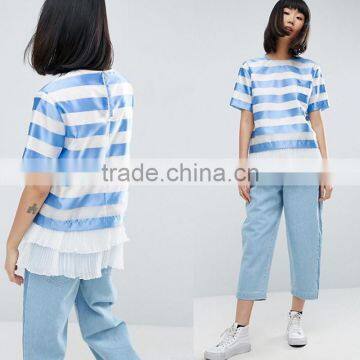 Pleated Hem Short Sleeve Blue and White Designer Satin t Shirt photo-2