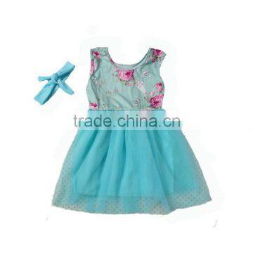 2017 hot sale baby party dress sleeveless floral pring blue lace kids party wear dresses for girls