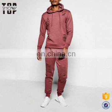 Factory blank polyester brand tracksuits for men slim fit distressed mens jogging suits wholesale