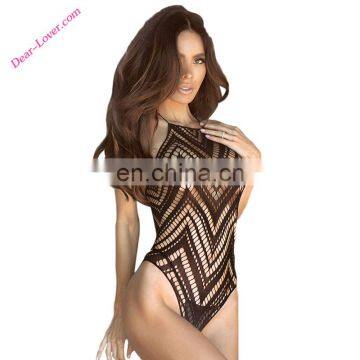 Black Sexy Solid Chevron Netted Bedtime Halterneck Teddies Lingeries