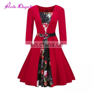 Hot Selling red rose long sleeves latest pattern lady fashion china dress manufacturer