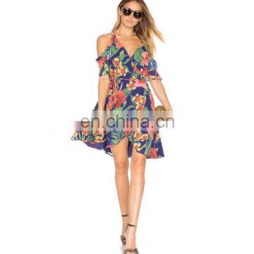 Off-shoulder mini dress wrap front with tie clousure floral printing dress mini leakage shoulder delta dress