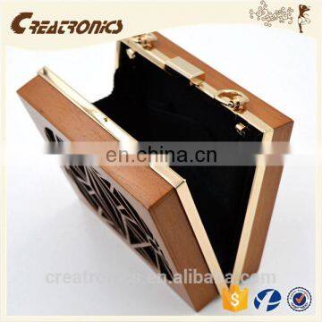 CR Factory OEM Acceptable Engraving Patterns Hollowed-out Design Metal Frame Long Chain Rectangled Shaped Wooden Box Clutch Bag photo-6