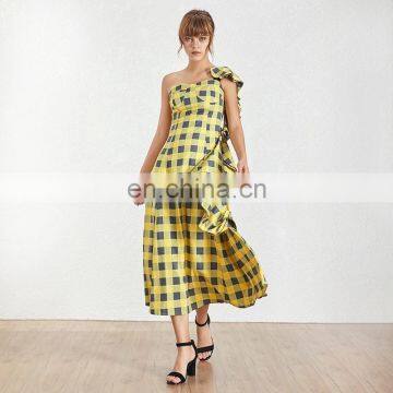 TWOTWINSTYLE Sleeveless Asymmetrical High Waist Ruffles Plaid Midi Dresses Female