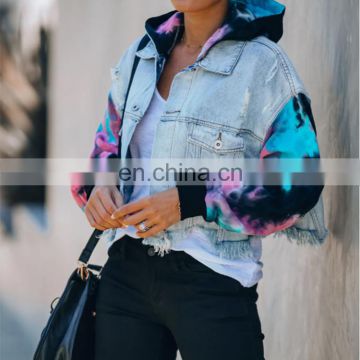 Autumn Women Denim Jackets tie-dye female Ripped Holes Tassel Street Cool hooded Coat Hollow-Out Jean Outerwear