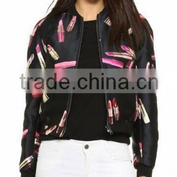 Black Floral Print Women Bomber Jacket