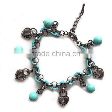 Bohemian style turquoise and key to heart charms girls bracelets gun black jewelry