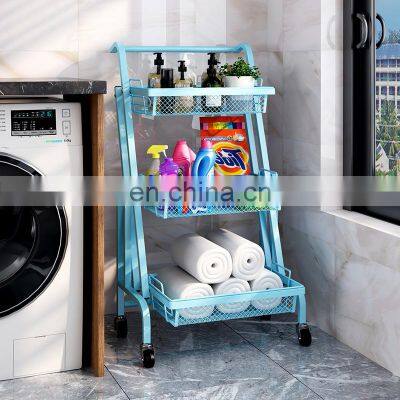 New Household Carbon Steel 3-tier Kitchen Storage Rack Cart Foldable Kitchen Trolley With Wheels photo-2