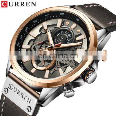CURREN 8380 Top Quality Latest Three Eyes Day Date Leather Strap Luminous Analog Quartz Watch for Men