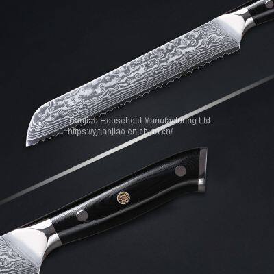 Triple Rivet Collection 8 Inch 67 Layer Damascus Stainless Steel Bread Knife With Black G10