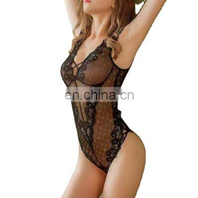 Hot Sale Women Lingerie Female Leopard Body Suit Black Sheer Lace Up Sexy Bodysuits